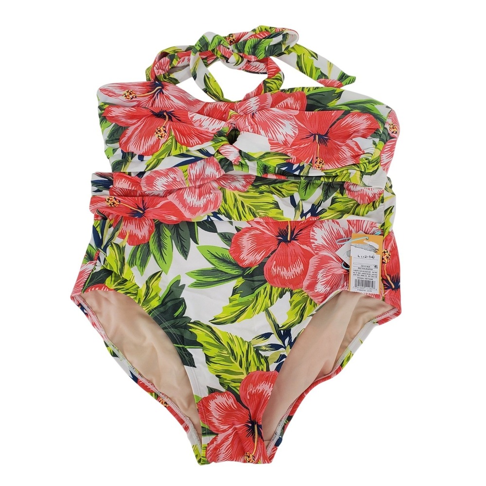 Kona Sol Womens Large Floral Hibiscus High Waist Bikini Set Red White Greenā New